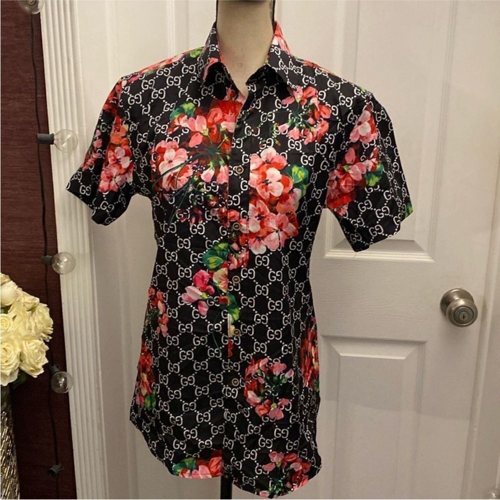 GG Floral Short Sleeve Shirt with Logo Pattern, S